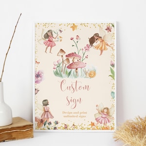 Plantilla de letrero personalizable editable de hadas, diseño de bosque encantado, jardín, texto personalizable, niña, floral, princesa mágica, fiesta de cumpleaños, instantáneo F01