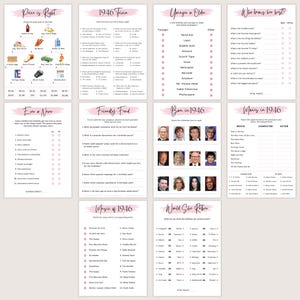 Puede incluir: Un conjunto de juegos de fiesta imprimibles con un dise&ntilde;o rosa y blanco. Los juegos incluyen trivia, "Would She Rather" y "Price is Right". El texto en los juegos incluye "1946 Trivia", "Movies in 1946" y "Ever or Never".