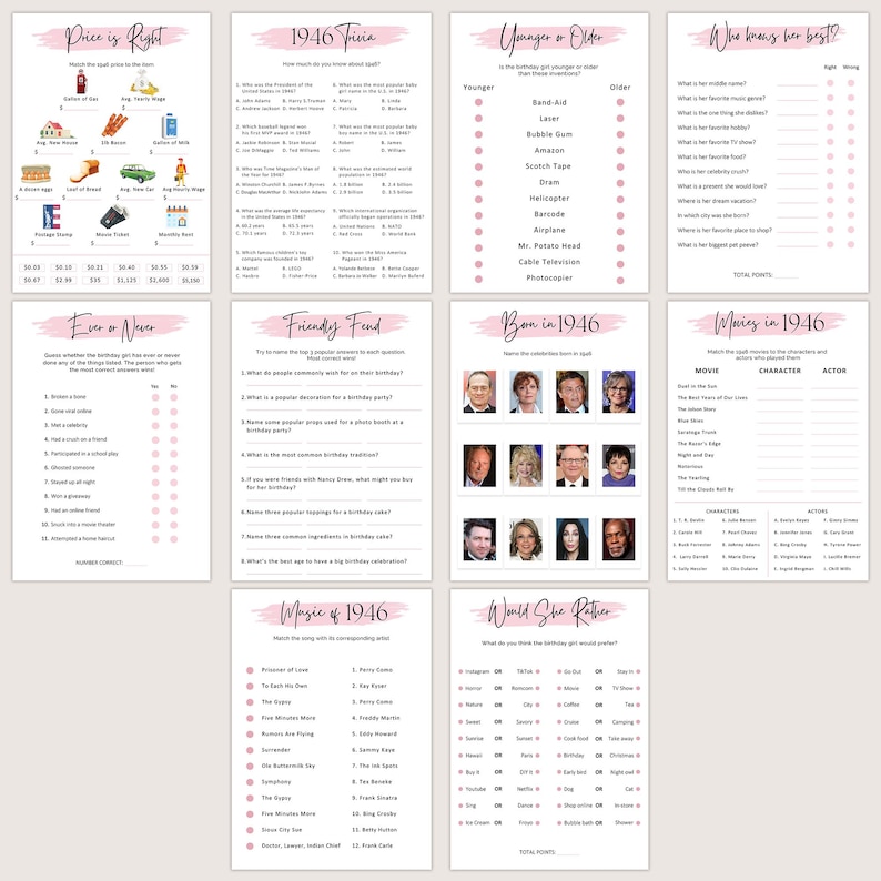 Puede incluir: Un conjunto de juegos de fiesta imprimibles con un dise&ntilde;o rosa y blanco. Los juegos incluyen trivia, "Would She Rather" y "Price is Right". El texto en los juegos incluye "1946 Trivia", "Movies in 1946" y "Ever or Never".
