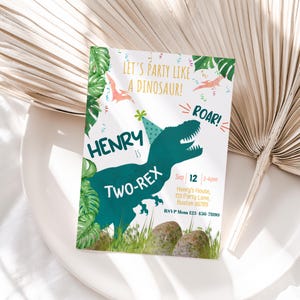 Editable Dinosaur 2nd Birthday Invitation Two Rex TRex Party Invite Template Boy Second Bday Party Green Dino Instant Digital Download D02