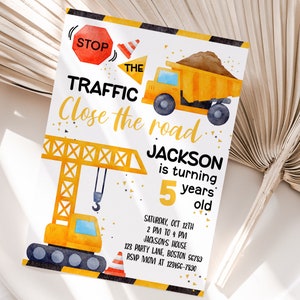 Construction Birthday Invitation Template, Editable Boy Construction Vehicle Birthday Party Invite, Dump Truck, Excavator theme, Instant C01