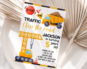 Construction Birthday Invitation Template, Editable Boy Construction Vehicle Birthday Party Invite, Dump Truck, Excavator theme, Instant C01