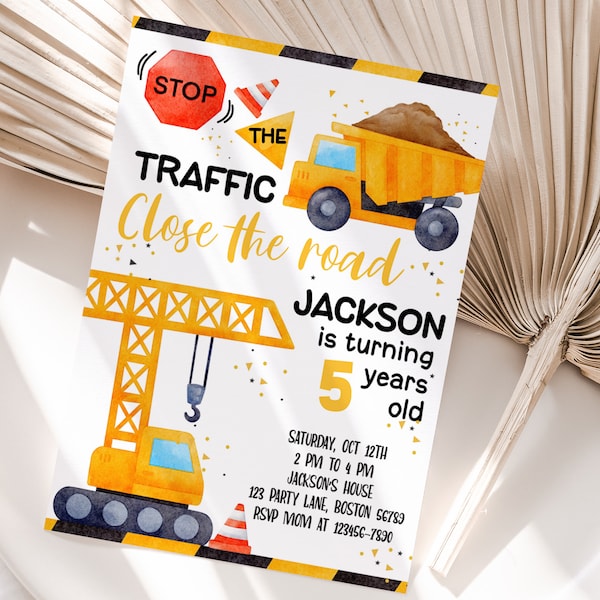 Construction Birthday Invitation Template, Editable Boy Construction Vehicle Birthday Party Invite, Dump Truck, Excavator theme, Instant C01