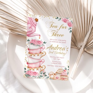 Tee für drei Geburtstagseinladung Tee-Party 3. Geburtstags-Einladung Par-Tea Rosa Gold laden Mädchen 3 Jahre alt EDITIERBARE Instant Digital T01