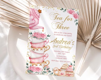 Tee für drei Geburtstagseinladung Tee-Party 3. Geburtstags-Einladung Par-Tea Rosa Gold laden Mädchen 3 Jahre alt EDITIERBARE Instant Digital T01