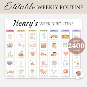 May include: An editable weekly routine chart titled Henry's Weekly Routine with seven columns for days of the week. Each column contains colorful icons and text labels for daily tasks. A circular badge states Over 2400 Cards, with a laundry card below.