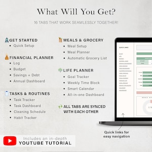 May include: A laptop screen displays a digital planner with sections for financial planning, tasks, and meal planning. The text reads "What Will You Get?" and "Includes an in-depth YOUTUBE TUTORIAL."