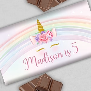 Unicórnio etiqueta de chocolate unicórnio barra de chocolate embrulho unicórnio arco-íris lembrança de aniversário 1.55 oz barra de chocolate menina editável instantâneo digital u01