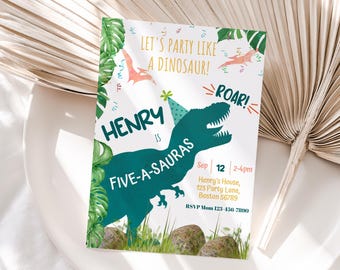 Dinosaur 5th Birthday Invitation Trex Fifth Birthday Party Invite Boy Green Dino Party Invite EDITABLE Template Instant Digital Download D02