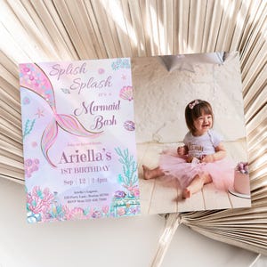 Mermaid Birthday Invitation with Picture Mermaid Photo Invitation Under the Sea Birthday Party Invitation Pink EDITABLE Instant Download M02