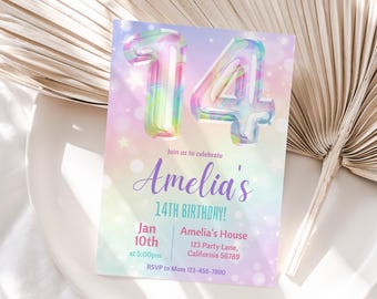 14th Birthday Invitation Girl 14th Birthday Party Invitation Rainbow Fourteenth Birthday Invite 14 year old Birthday Invite Editable R05