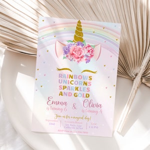 Eenhoorn gezamenlijke verjaardagsuitnodiging Rainbow Sparkles dubbele verjaardag uitnodigen zussen dubbele meisjes partij broers en zussen verjaardag BEWERKBARE Instant U01