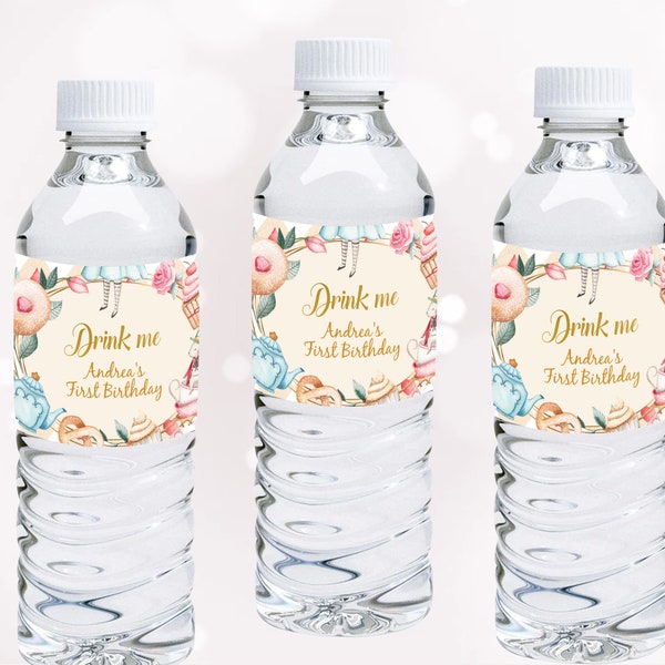 Alice in Wonderland Water Bottle Label Mad Hatter Water Bottle Label Alice in Onederland Drink Me Labels Editable Template Instant A01