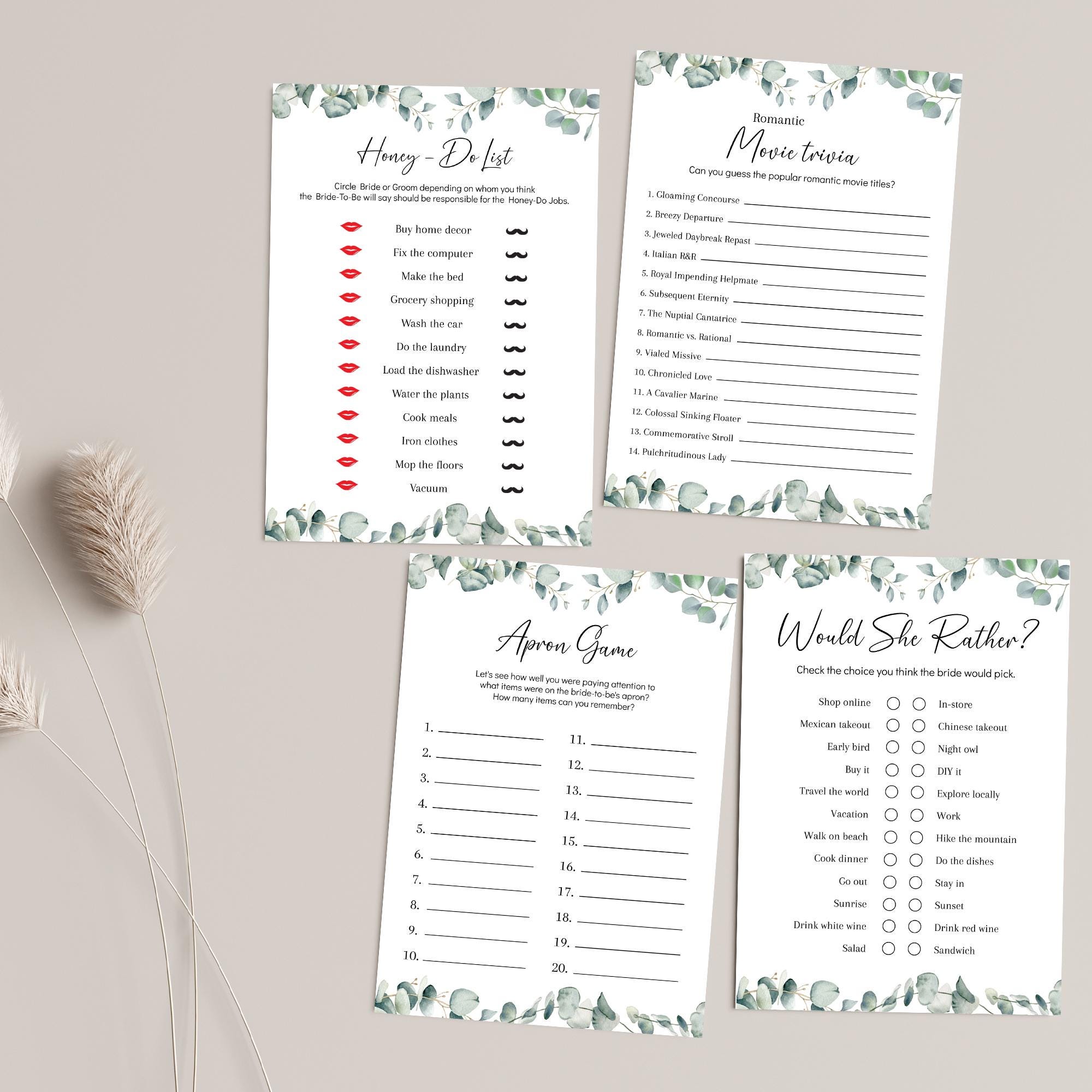 "Where Were They" Bridal Shower Game - 30 Cards, 5x7" With Jute String & Clips - Greenery Eucalyptus Wedding Party Activity