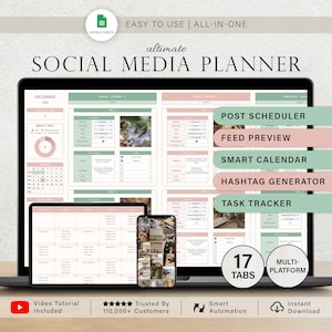 Könnte beinhalten: Ein Laptop, ein Tablet und ein Smartphone zeigen eine Social-Media-Planer-Oberfläche. Der Planer umfasst Funktionen wie einen Post-Scheduler, eine Feed-Vorschau und einen Hashtag-Generator. Auf dem Bildschirm steht "ultimate SOCIAL MEDIA PLANNER".
