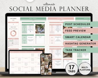 Puede incluir: Una computadora portátil, una tableta y un teléfono inteligente muestran una interfaz de planificador de redes sociales. El planificador incluye un programador de publicaciones, vista previa de feed y generador de hashtags. El texto en la pantalla dice "ultimate SOCIAL MEDIA PLANNER".