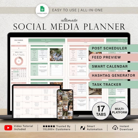 Social Media Planner Spreadsheet Content Planner Calendar Template Manager Creator Plan Marketing Instagram TikTok Youtube Google Sheets