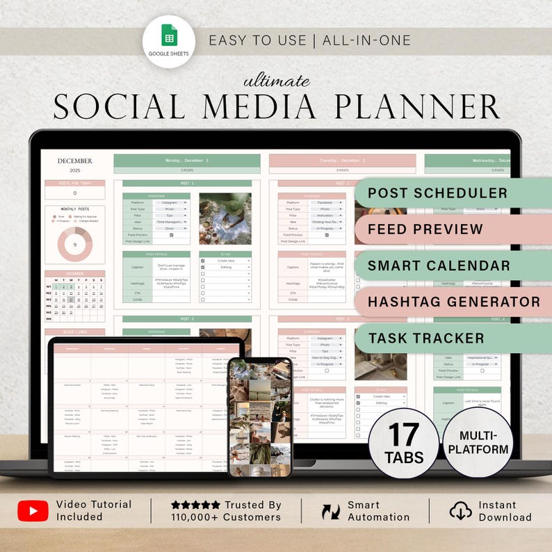 K&ouml;nnte beinhalten: Ein Laptop, ein Tablet und ein Smartphone zeigen eine Social-Media-Planer-Oberfl&auml;che. Der Planer umfasst Funktionen wie einen Post-Scheduler, eine Feed-Vorschau und einen Hashtag-Generator. Auf dem Bildschirm steht "ultimate SOCIAL MEDIA PLANNER".