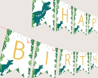 Födelsedagsbanderoll med två Rex-födelsedag Dinosaurie 2-årsdekoration Födelsedagsfestbanderoll med två Rex-födelsedagsvippor Dinosauriefestflagga med två Rex-girlang UTSKRIVBAR D02