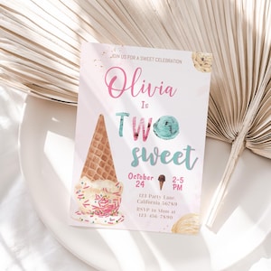 Ice Cream Birthday Invitation Two Sweet Invitation Ice Cream 2nd Birthday Party Invite 2 year old Party Invite Editable Instant Digital I01