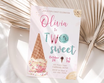 Ice Cream Birthday Invitation Two Sweet Invitation Ice Cream 2nd Birthday Party Invite 2 year old Party Invite Editable Instant Digital I01