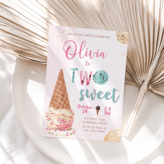 Ice Cream Birthday Invitation Two Sweet Invitation Ice Cream 2nd Birthday Party Invite 2 year old Party Invite Editable Instant Digital I01