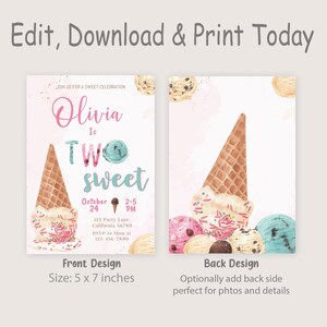 Op de afbeelding: Een printbare uitnodiging voor een 2e verjaardagsfeest met een ijsjes thema. De voorkant van de uitnodiging heeft een roze en blauw aquarel ontwerp met de tekst "Olivia is Two Sweet" en de datum en tijd van het feest. De achterkant van de uitnodiging heeft een aquarel illustratie van ijshoorns en scheppen.