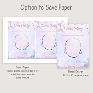 Op de afbeelding: Twee printbare baby shower-spelkaarten met een zeemeerminstaart en de tekst "Draw Baby".  De kaarten hebben een lege ruimte waar gasten een tekening kunnen maken van hoe ze denken dat de baby eruit zal zien.  De kaarten zijn ontworpen met een aquarel achtergrond en roze en blauwe bloemen.  De tekst "Save Paper" staat onder de kaarten en zegt "Print 2 Games on Letter (8.5 x 11') or A4 size paper, easy for home printing".  De tekst "Single Design" staat onder de kaarten en zegt "Size 5 x 7" for print shops".