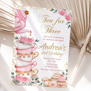 Tea for Three Birthday Invitation Tea Party 3rd Birthday Invitation Par-Tea Pink Gold Invite Girl 3 year old EDITABLE Instant Digital T01