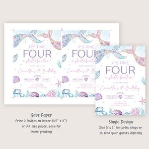 May include: Mermaid-themed birthday invitations. The design features a mermaid tail, seashells, and the text "It's Time Four a shellabration!" The invitation is for Cariella's 4th Birthday, April 10th, 5-7 PM. Includes options for printing on 8.5" x 11" or A4 paper.