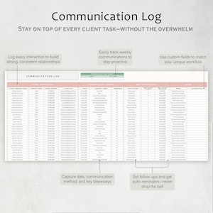 Pode incluir: Um "Communication Log" imprim&iacute;vel com o texto "STAY ON TOP OF EVERY CLIENT TASK-WITHOUT THE OVERWHELM". O log inclui se&ccedil;&otilde;es para informa&ccedil;&otilde;es do cliente, resumo da comunica&ccedil;&atilde;o e detalhes da pr&oacute;xima a&ccedil;&atilde;o.
