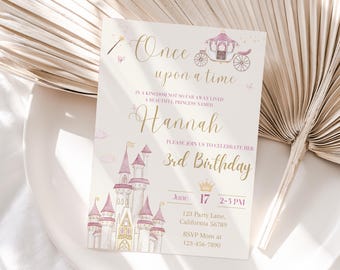 Prinses verjaardagsuitnodiging meisje prinses verjaardagsfeestje uitnodigen roze prinses thema bewerkbare sjabloon Instant Digitale Download afdrukbare
