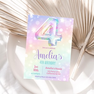 4th Birthday Invitation Girl 4th Birthday Party Invitation Rainbow Fourth Birthday Invite 4 year old Birthday Invite Editable Instant R05