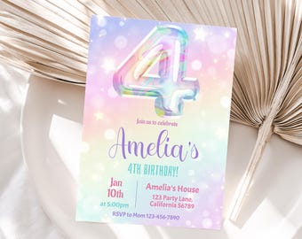 4. Geburtstagseinladung Mädchen 4. Geburtstagsparty-Einladung Regenbogen Vierter Geburtstag einladen 4 jährige Geburtstag einladen bearbeitbar Instant R05