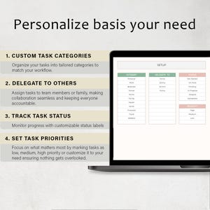 May include: A laptop screen displays a task management interface with sections for categories, delegation, status, and priority. The text "Personalize basis your need" is at the top, with numbered steps below describing task organization and tracking.
