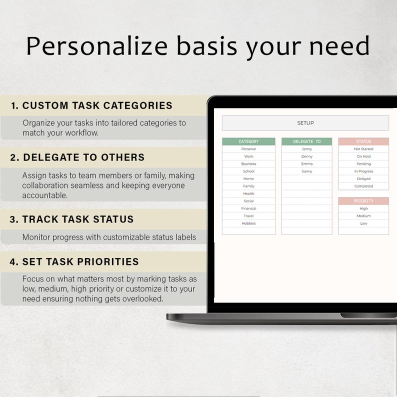 May include: A laptop screen displays a task management interface with sections for categories, delegation, status, and priority. The text "Personalize basis your need" is at the top, with numbered steps below describing task organization and tracking.
