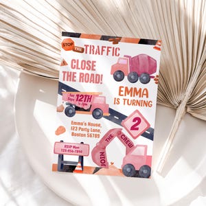 Construction Birthday Invitation Dump Truck Invitation Digger Party Excavator Girl Dumper Vehicle Pink Construction Site Invite EDITABLE C01