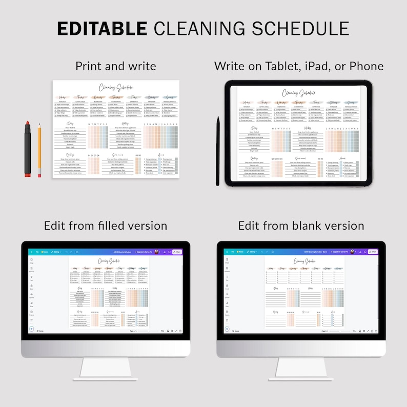 May include: Editable cleaning schedule template with a light blue, pink, and gray color scheme. The template is shown on a computer screen, a tablet, and a printed sheet of paper. The text "Cleaning Schedule" is at the top of the template.