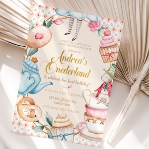 Alice in Wonderland First Birthday Invitation Template, 1st Onederland Girl, EDITABLE Whimsical Mad Tea Party Invite, Instant Download, A01