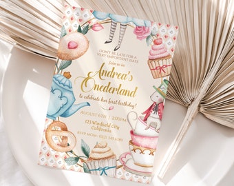 Alice in Wonderland First Birthday Invitation Template, 1st Onederland Girl, EDITABLE Whimsical Mad Tea Party Invite, Instant Download, A01