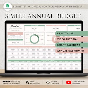 May include: A laptop displays a simple annual budget spreadsheet. The spreadsheet includes sections for income, outflow, and savings, with the text "Easy to Use," "Video Tutorial," and "Smart Calendar." The screen also shows the text "Budget by Paycheck, Monthly, Weekly or by Weekly."