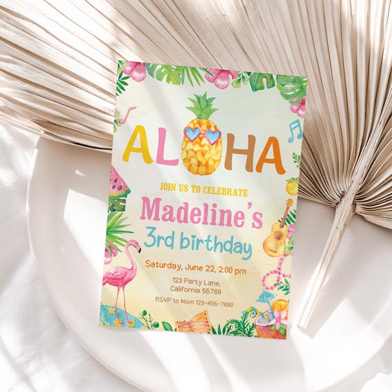 Tropical Birthday Invitation Hawaiian Invitation Luau Invitation Aloha Party Invite Pineapple Invite EDITABLE Instant Digital Download T03