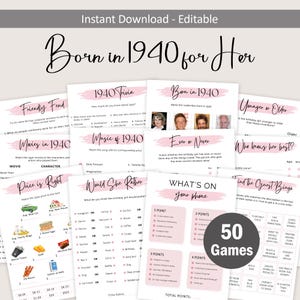 85th Birthday Games for Women 85th Birthday Party Games for Her Born in 1940 Game 1940 Trivia Quiz Activity Bundle Instant Digital EDITABLE