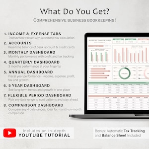 Puede incluir: Una pantalla de port&aacute;til muestra un panel de control de contabilidad empresarial con gr&aacute;ficos. La imagen incluye el texto: "What Do You Get?" y "Comprehensive Business Bookkeeping!" Las caracter&iacute;sticas incluyen pesta&ntilde;as de ingresos y gastos, cuentas y paneles mensuales, trimestrales, anuales, de 5 a&ntilde;os, de per&iacute;odo flexible y de comparaci&oacute;n.