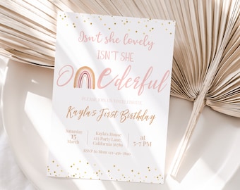 Onederful Invitation Rainbow 1st Birthday Invitation Girl Boho First Birthday Invite Pink Gold EDITABLE Instant Download Digital O01