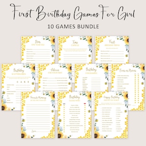 May include: A set of 10 printable first birthday games for a girl. The games feature a sunflower and bee theme with a yellow and white colour scheme. The games include "Dear One Year Old", "Time Capsule", "First Birthday Trivia", "Birthday Scattergories", "Advice for Your First", "Birthday Unscramble", "Ever or Never", "Favourite Memory of the One Year Old", "Birthday Guess Who", and "Happy Birthday Around the World".