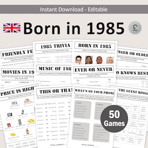 40th Birthday Games UK Bundle British 40th Birthday Party Game 1985 Trivia Born in 1985 40 year Men Women Him Her Pound EDITABLE Digital