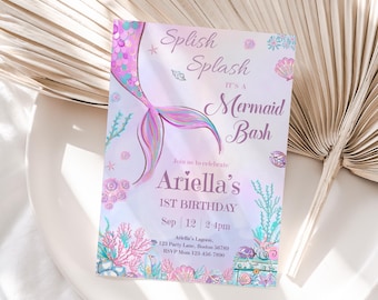 Mermaid Birthday Invitation Template Editable Under the Sea Purple Pink Girl Birthday Party Invite Instant Digital Download Printable M02
