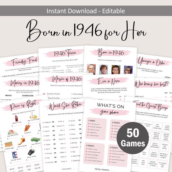 80th Birthday Games for Women 80 Birthday Party Games for Her Born in 1946 Game 1946 Trivia Quiz Activity Bundle Instant Digital EDITABLE