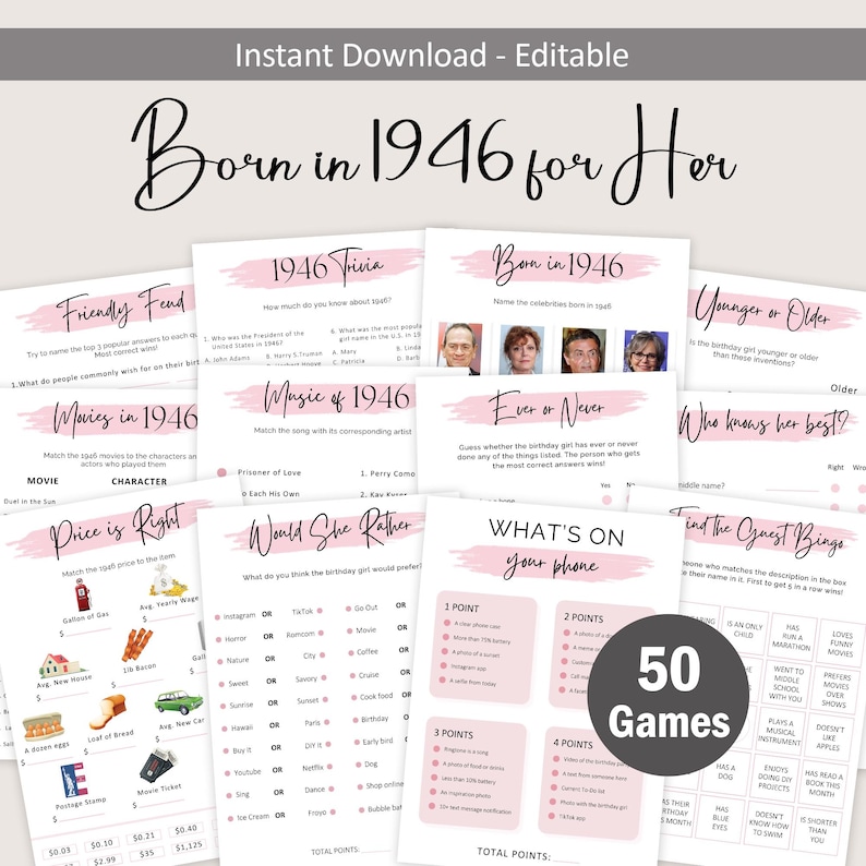 Puede incluir: Un conjunto de juegos imprimibles para fiestas en rosa y blanco, dise&ntilde;ados para una celebraci&oacute;n de cumplea&ntilde;os. Los juegos incluyen trivial, bingo y preguntas de '&iquest;Qu&eacute; prefieres?', con el texto 'Born in 1946 for Her' en la parte superior. La imagen tambi&eacute;n incluye el texto '50 Games'.